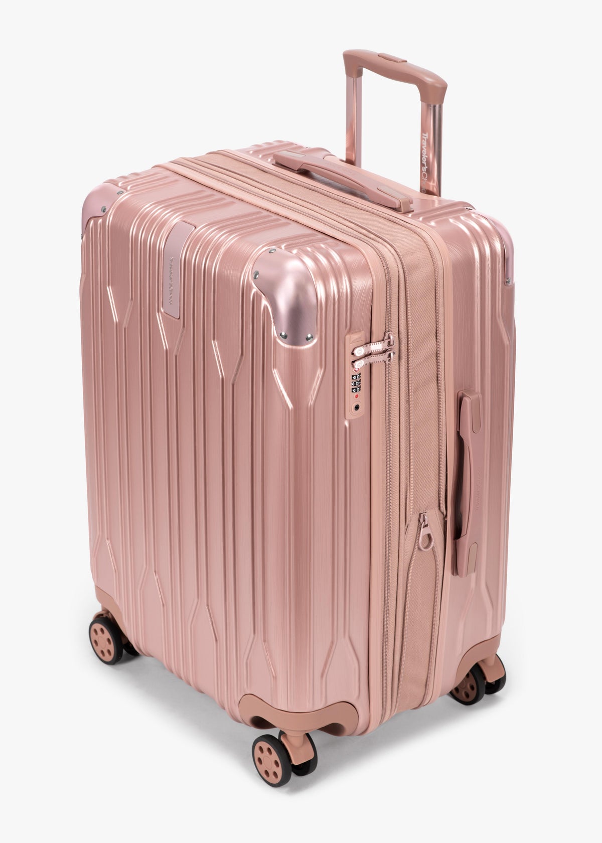 Angled view of a rose gold Bell Weather medium checked suitcase with its expansion section open.