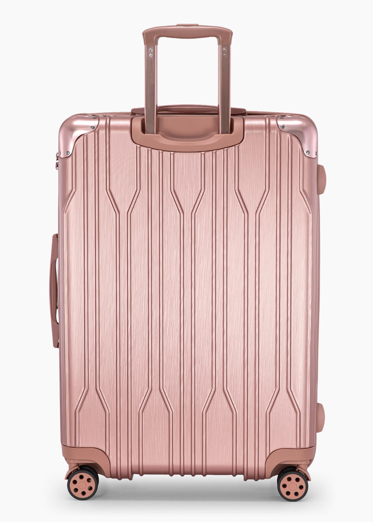 Rear view of a rose gold Bell Weather large checked suitcase with its telescoping handle extended.