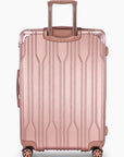 Rear view of a rose gold Bell Weather large checked suitcase with its telescoping handle extended.