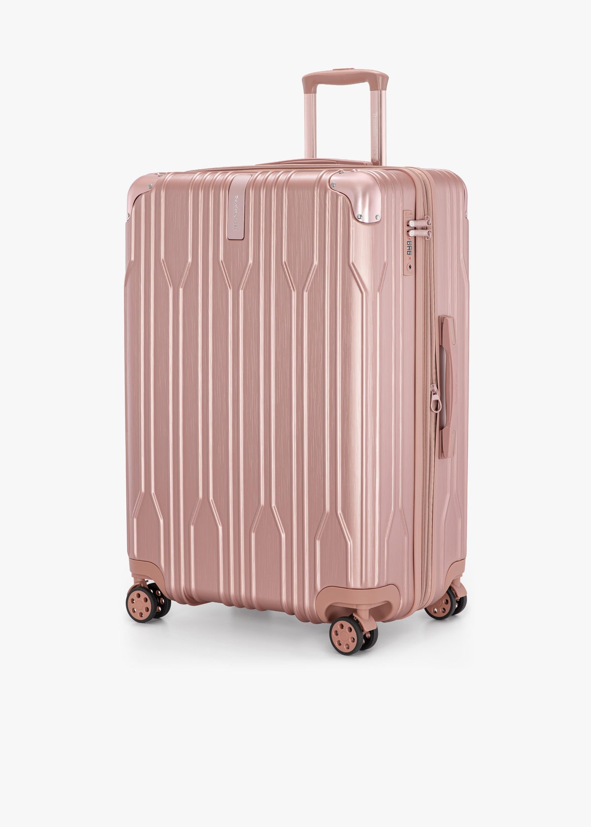 Angled front view of a rose gold Bell Weather large checked suitcase with its telescoping handle extended.