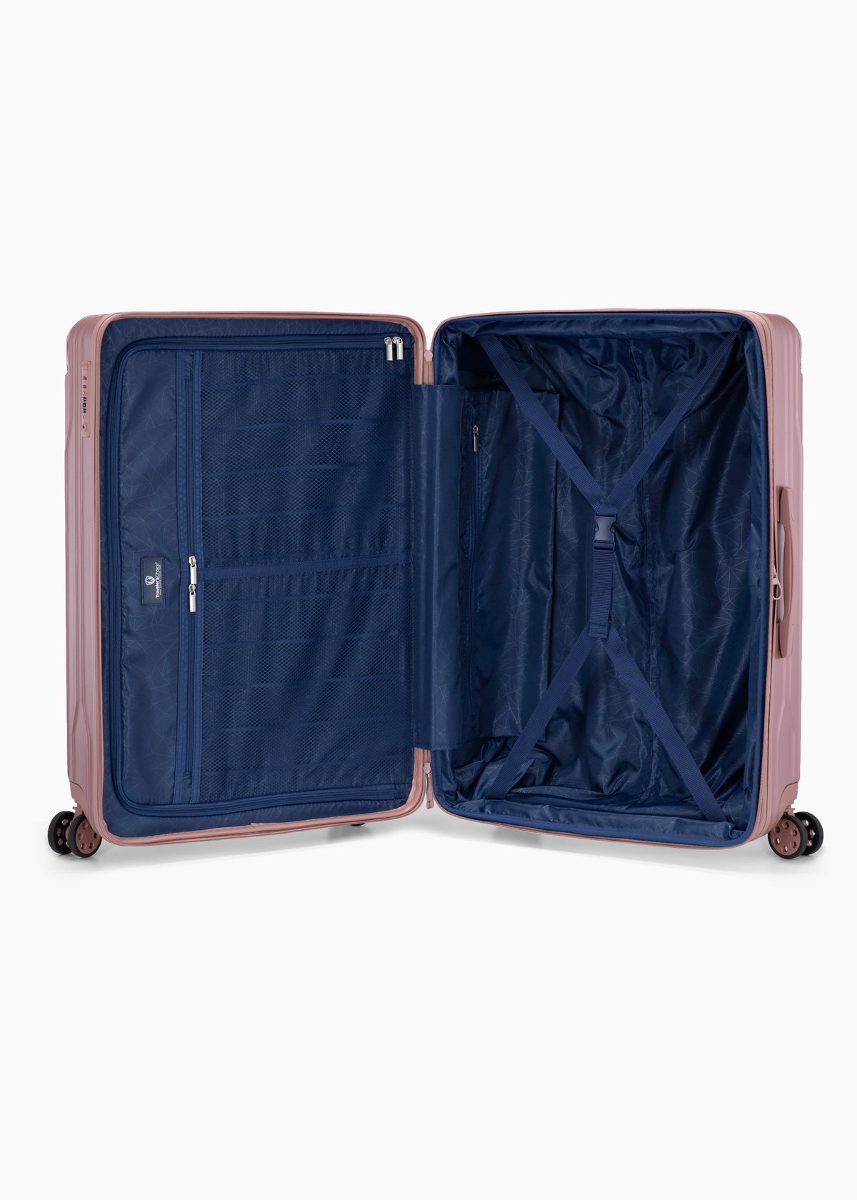 Open rose gold Bell Weather large checked suitcase with navy lining, a zippered divider and tie-down straps.