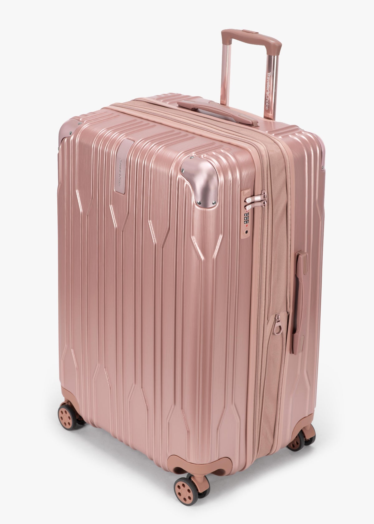 Angled view of a rose gold Bell Weather large checked suitcase with its expansion section open.