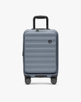 Slate blue Novia carry-on viewed from the front with its telescoping handle extended.