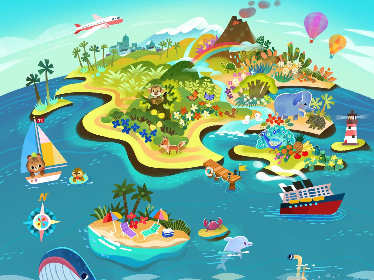 Joey Chou's illustrated map: JoJo the Bear sails past a jungle island while Ollie the Otter swims nearby.