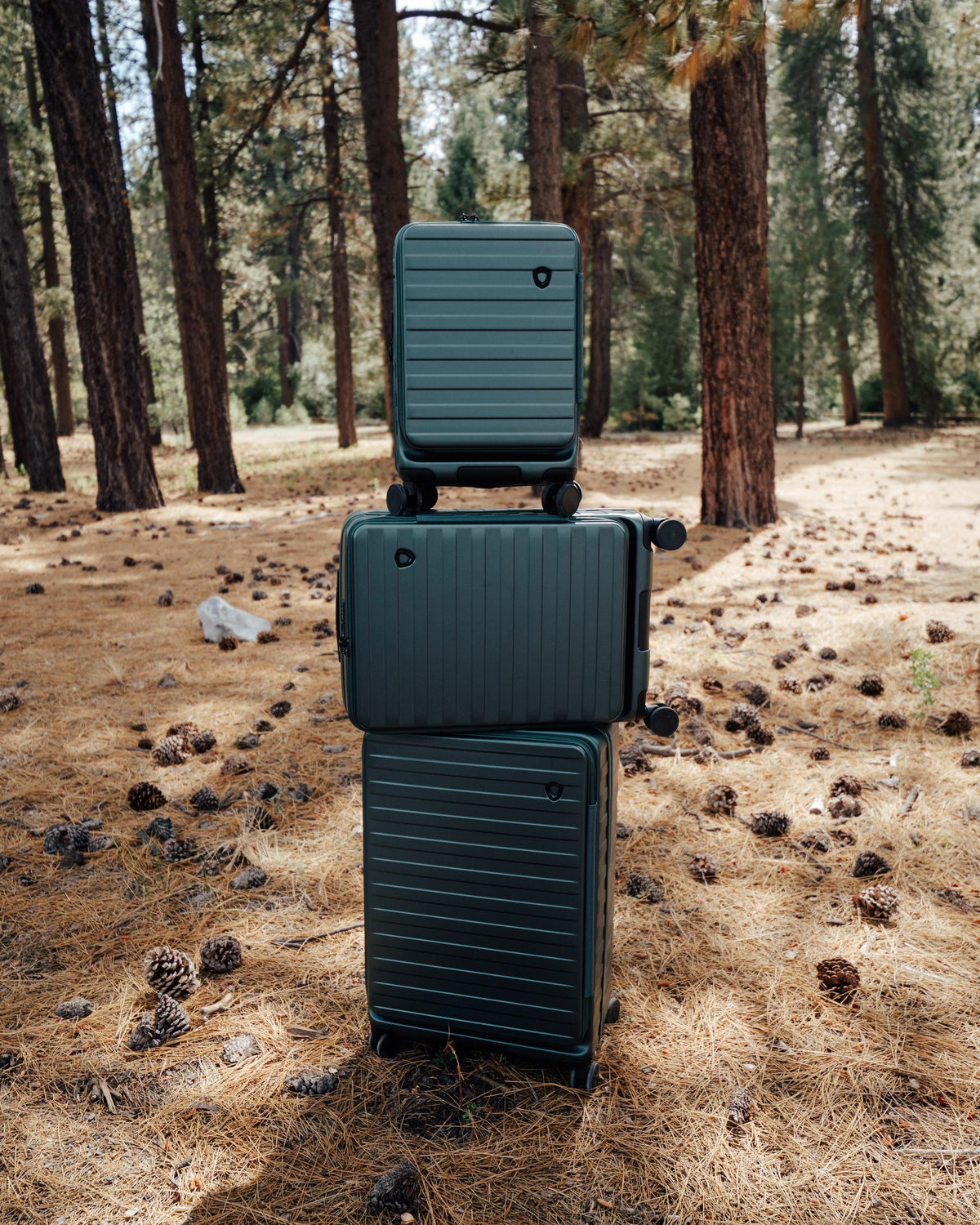 Three green Novia front-pocket spinners stacked in a sunlit pine forest