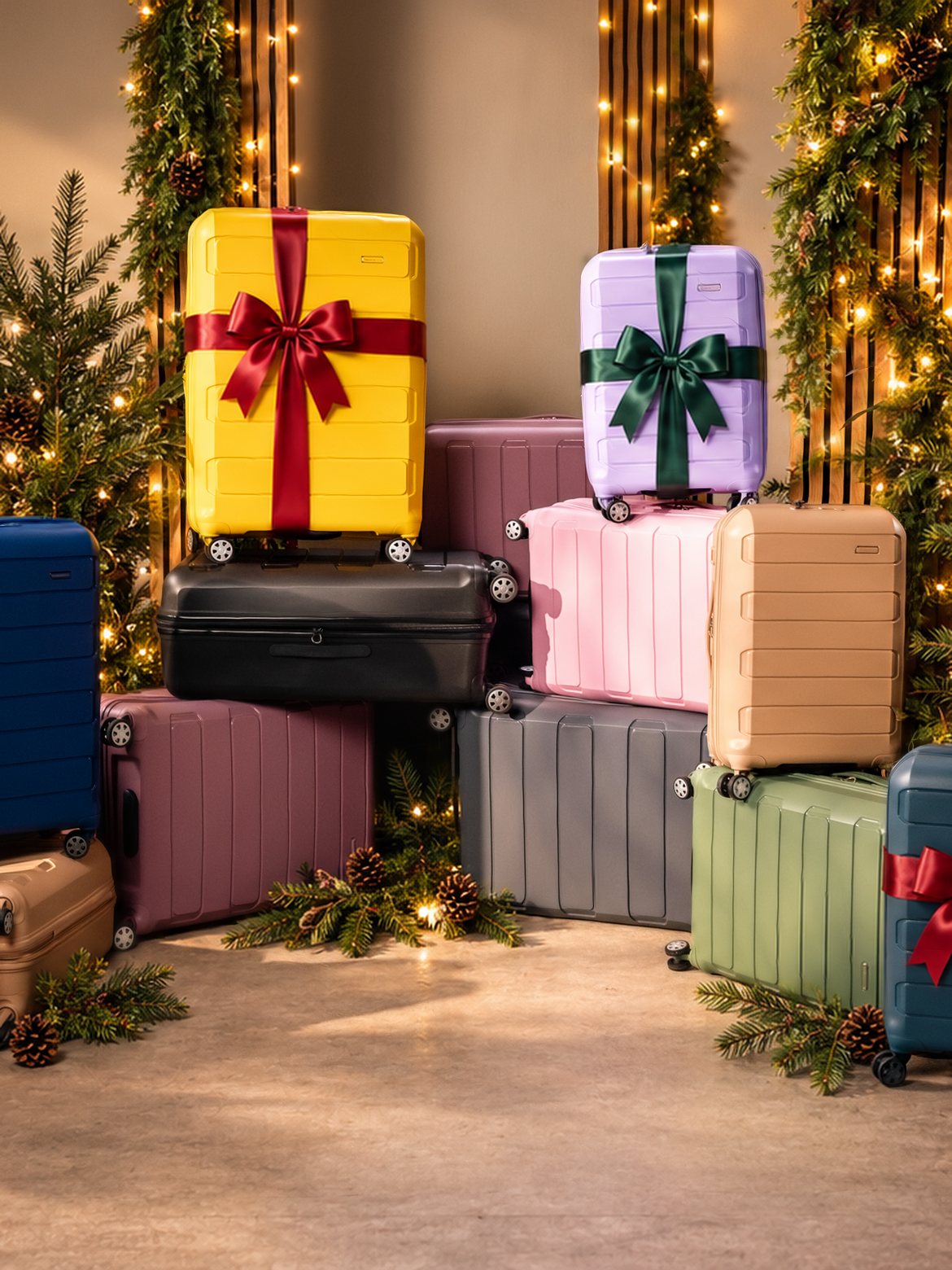 A stack of colorful Traveler's Choice suitcases, four tied with satin bows, among pine trees, string lights and wrapped gifts.