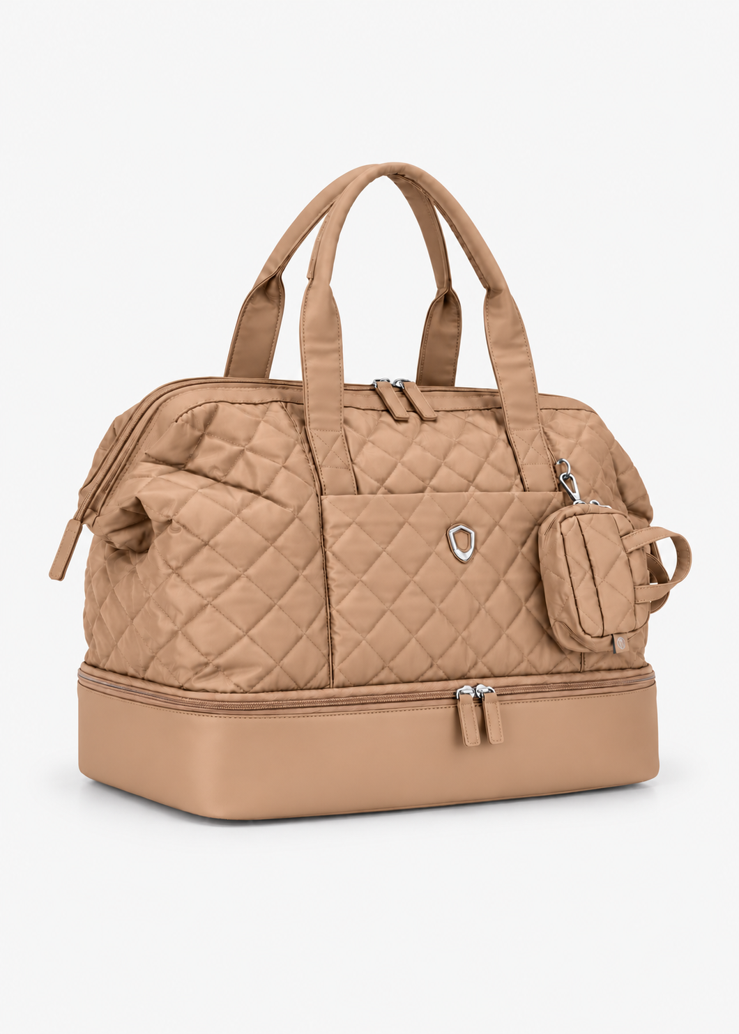 Beige quilted Weekender Bag in an angled studio view with matching Mini Tote attached