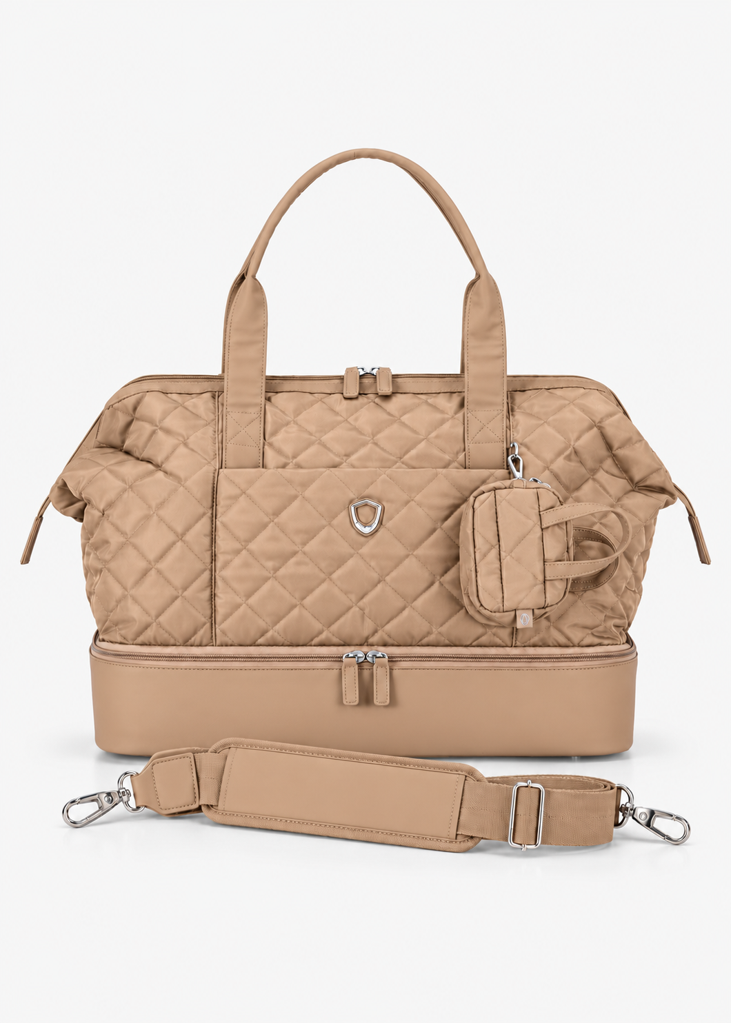 Beige quilted Weekender Bag with Mini Tote attached and detachable shoulder strap arranged in front