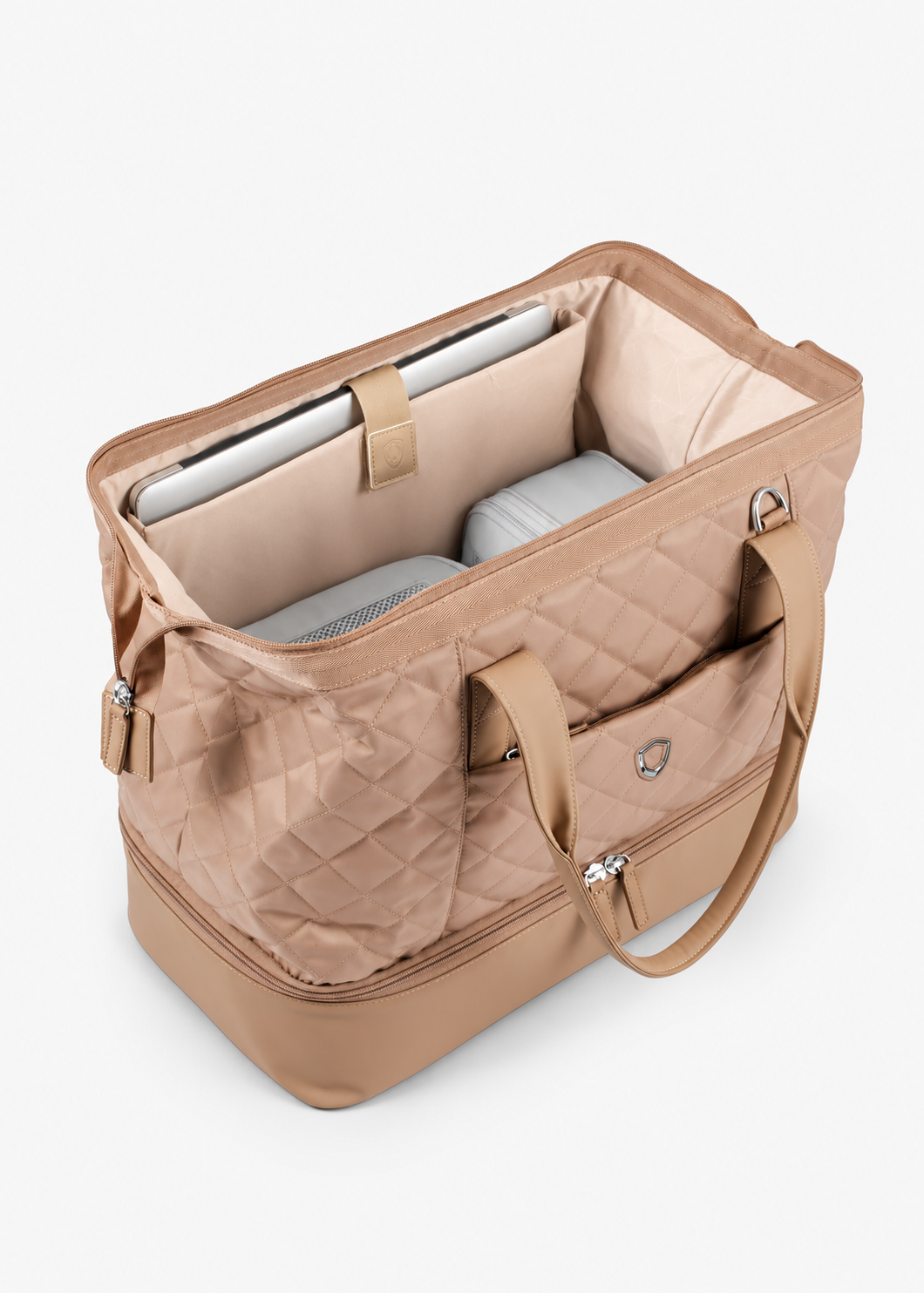 Beige Weekender Bag interior with a laptop in the padded sleeve