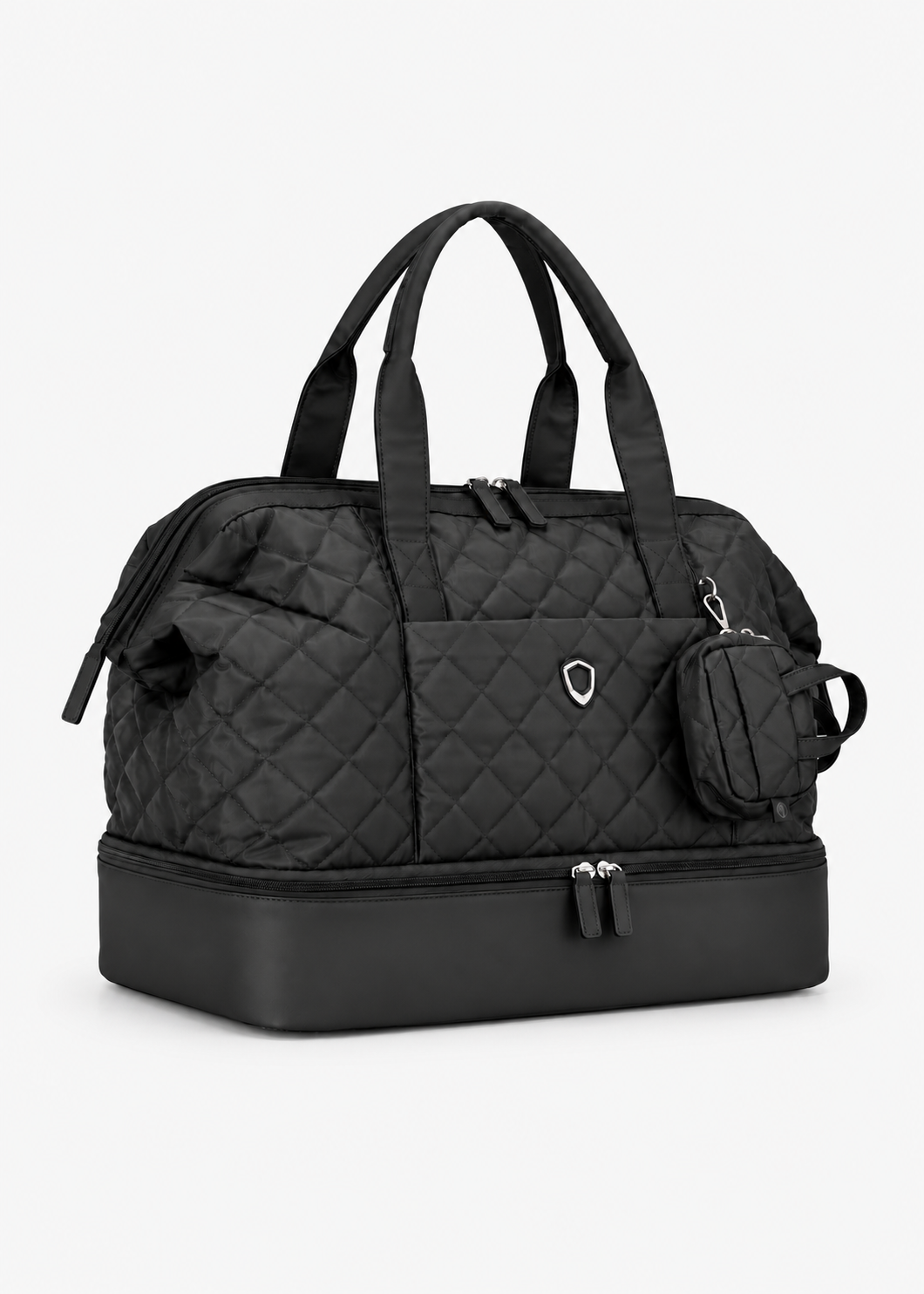 Black quilted Weekender Bag in an angled studio view with matching Mini Tote attached