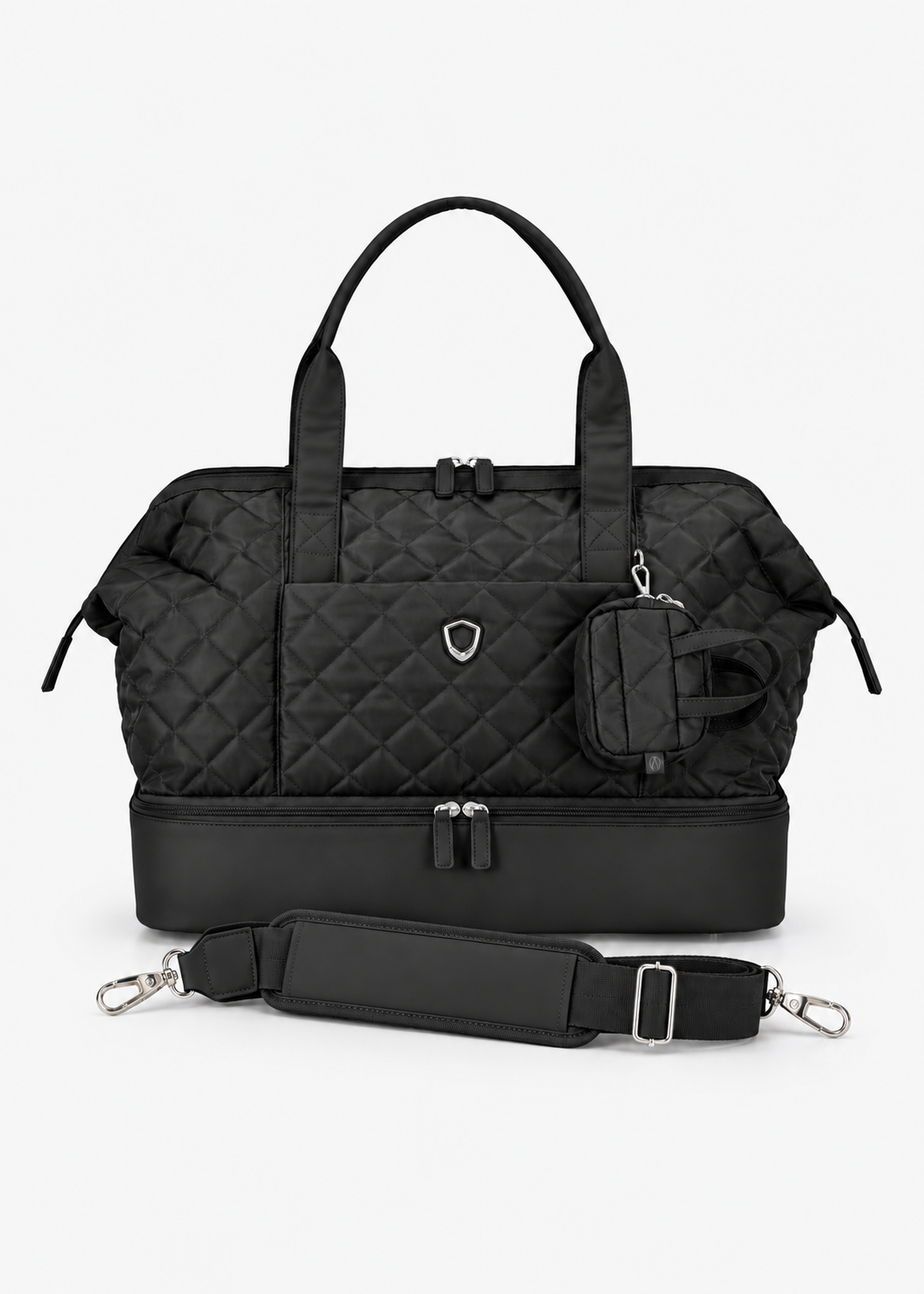 Black quilted Weekender Bag with Mini Tote attached and detachable shoulder strap arranged in front