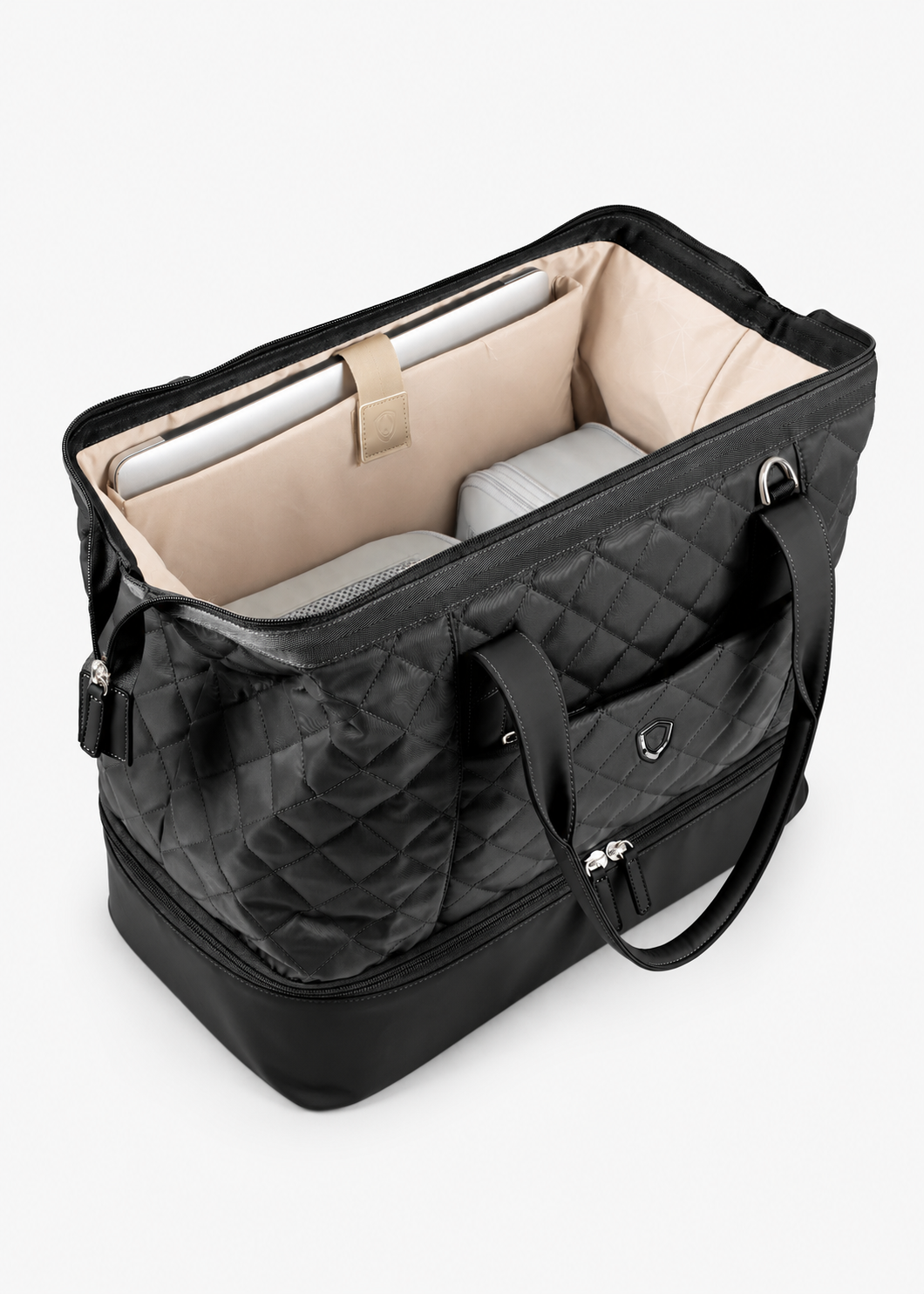 Black Weekender Bag interior with a laptop in the padded sleeve