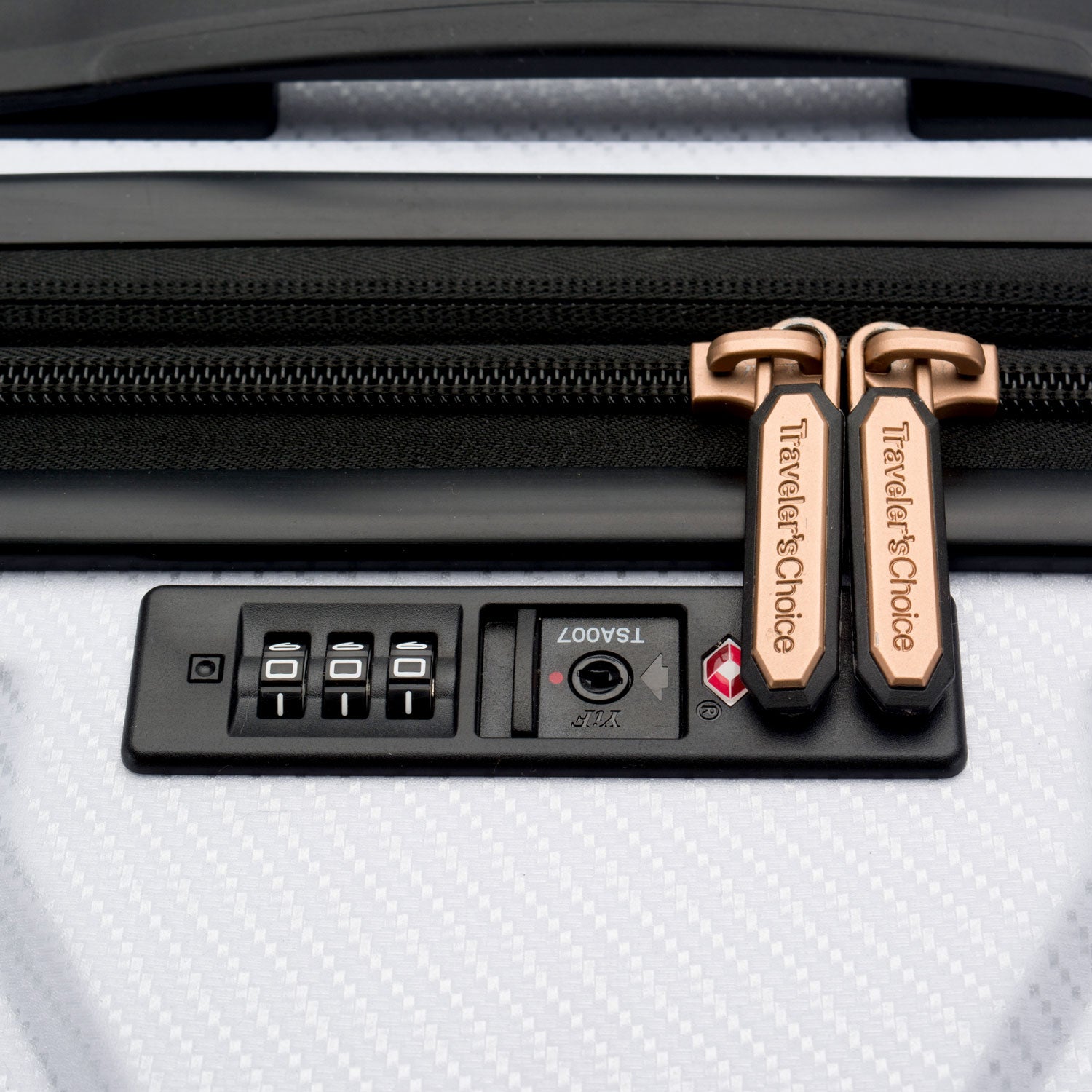 An image of a TSA lock on a white trunk luggage. 
