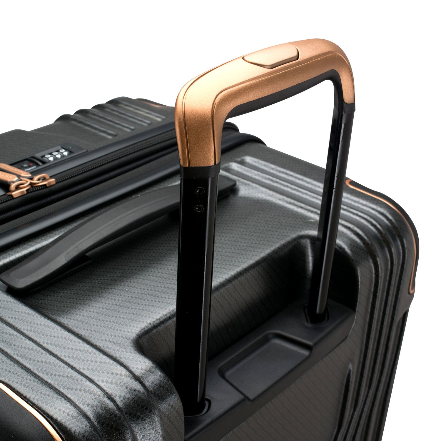 An image of the golden handle on the gray trunk luggage.