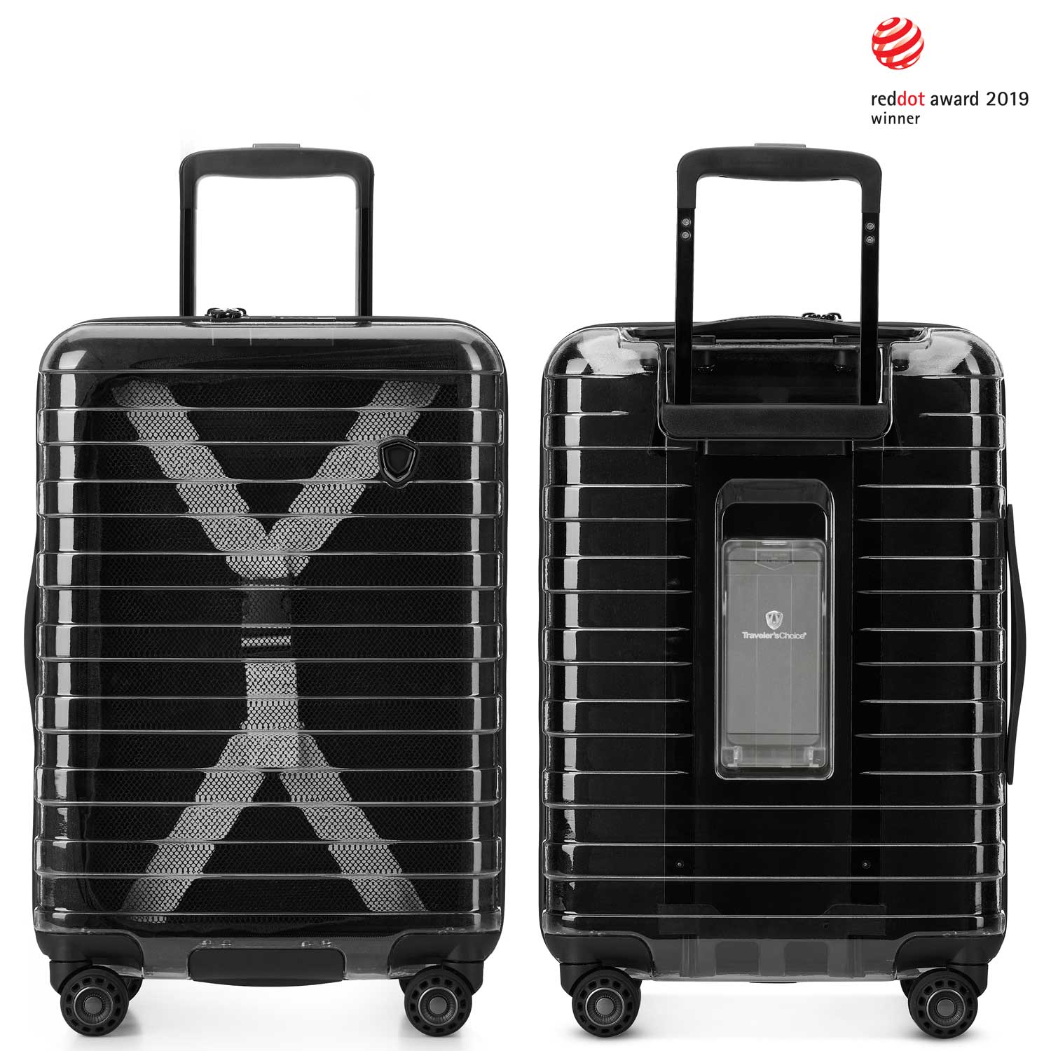 An image of a black transparent luggage with a space for a portable charger.  