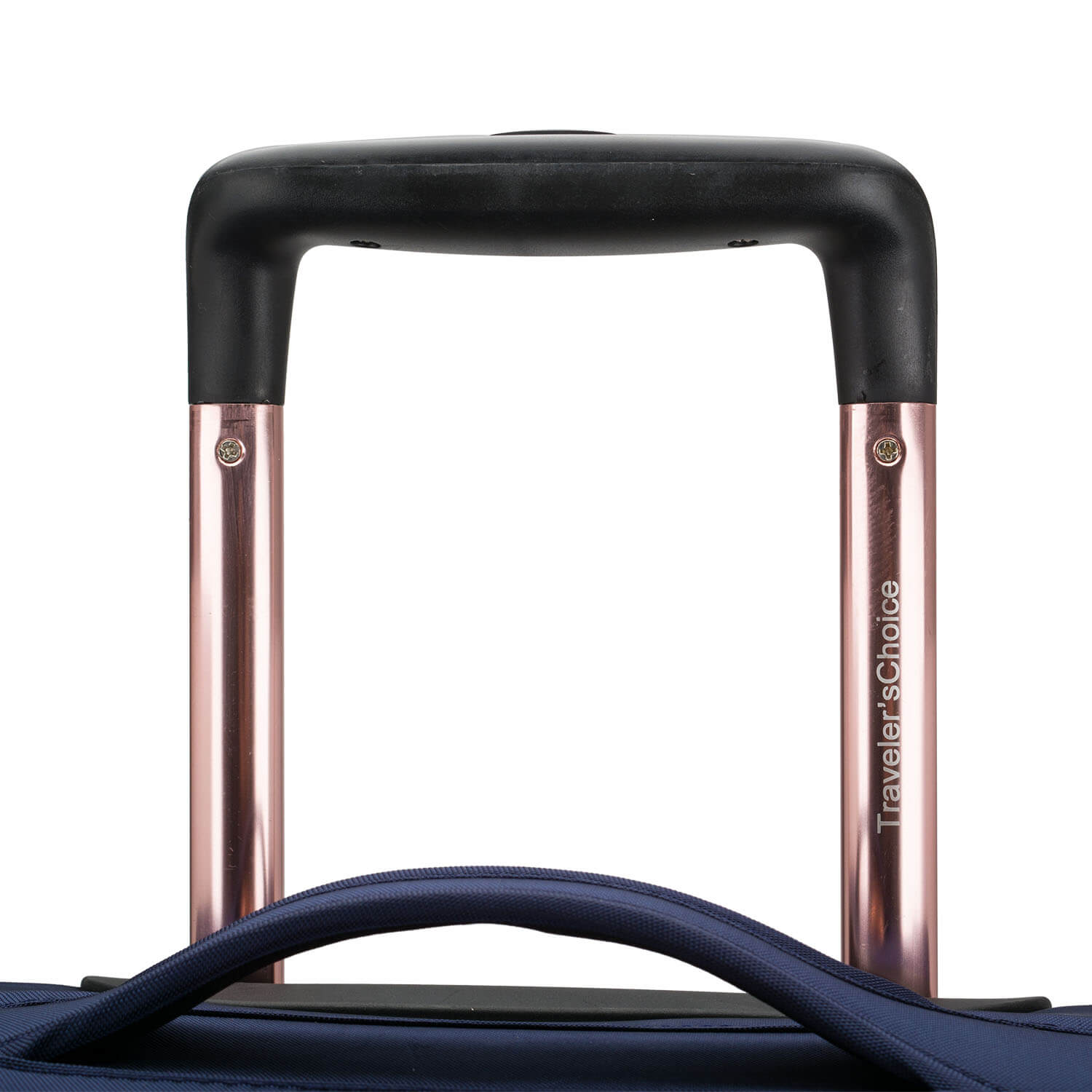 An image of a blue luggage with a pink and black handle system.