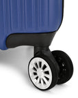 An image of a blue luggage and its wheels.