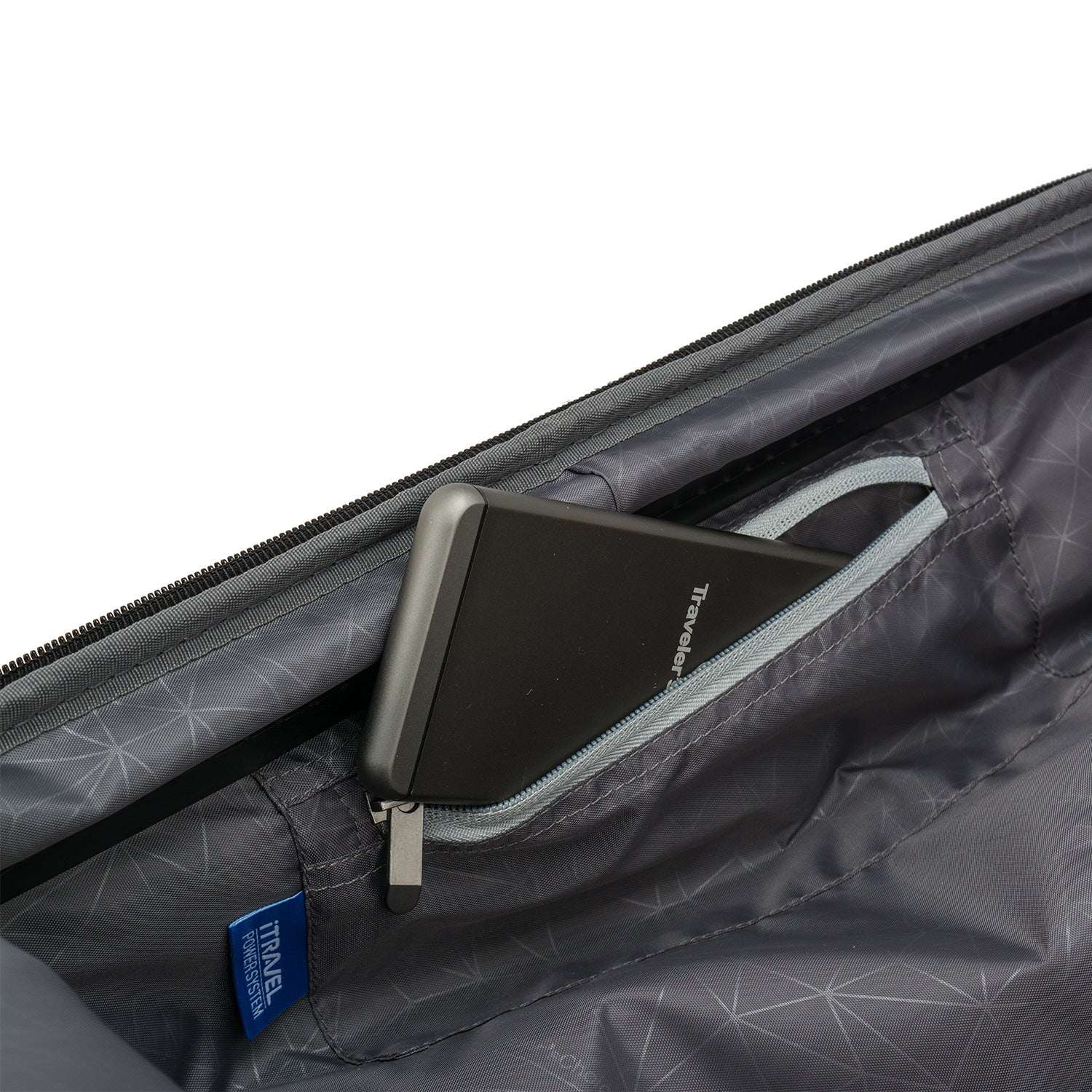 An image showing the space inside the Archer carry on to allow for USB charging. 