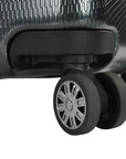 An image of a black luggage with black wheels.