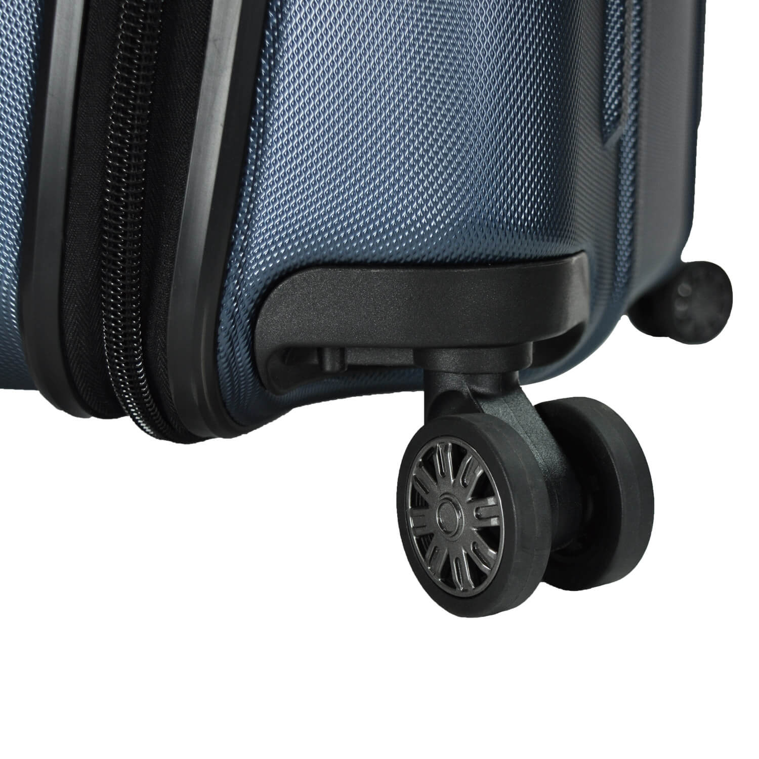 An image of a blue luggage with black wheels.