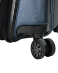 An image of a blue luggage with black wheels.