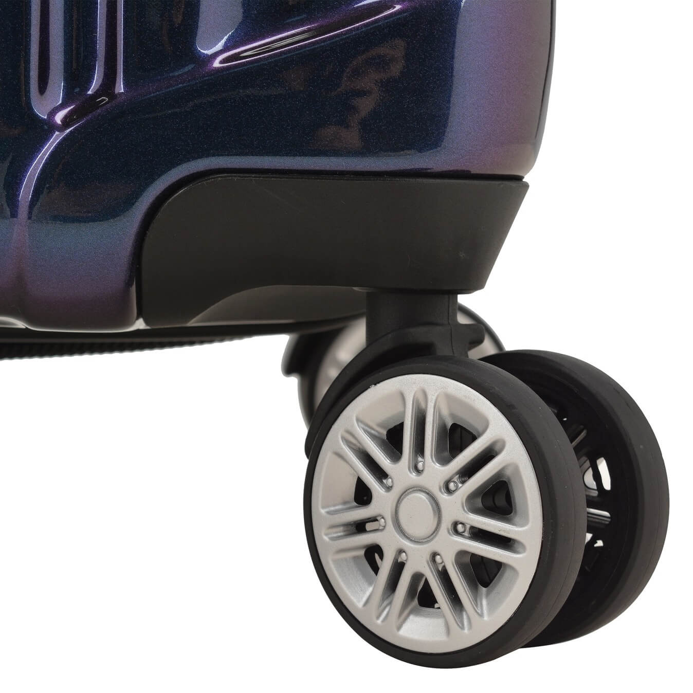 An image of a purple luggage with silver wheels.