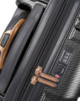 An image of the top of a black luggage.