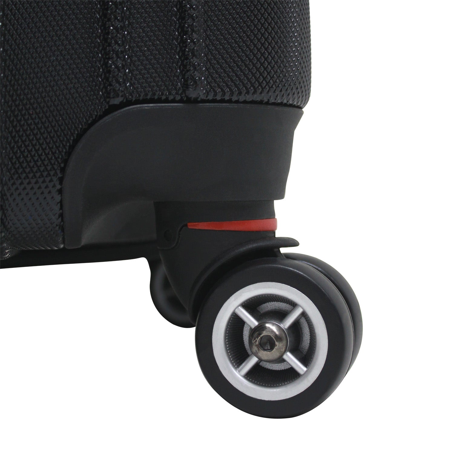 An image of a black luggage and black wheels.
